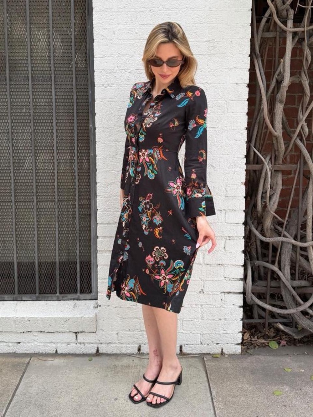 Anthropologie Black long sleeve button front floral midi preppy dress size 2